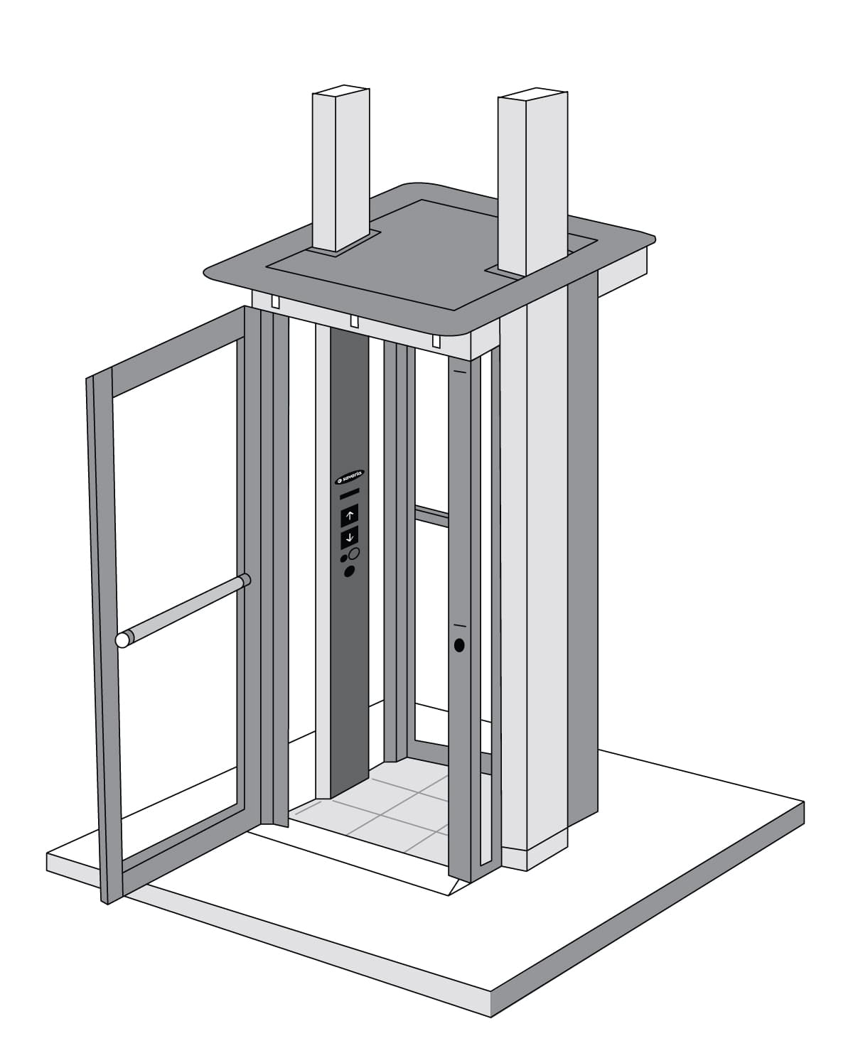 Illustration of a Savaria Luma lift with an open door and car operating panel inside